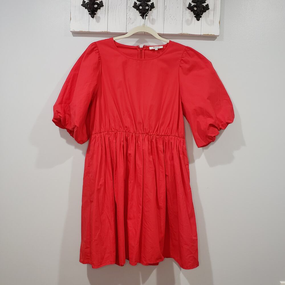 Madewell Red Poplin Bubble Sleeve Mini Dress Puff Sleeve 10